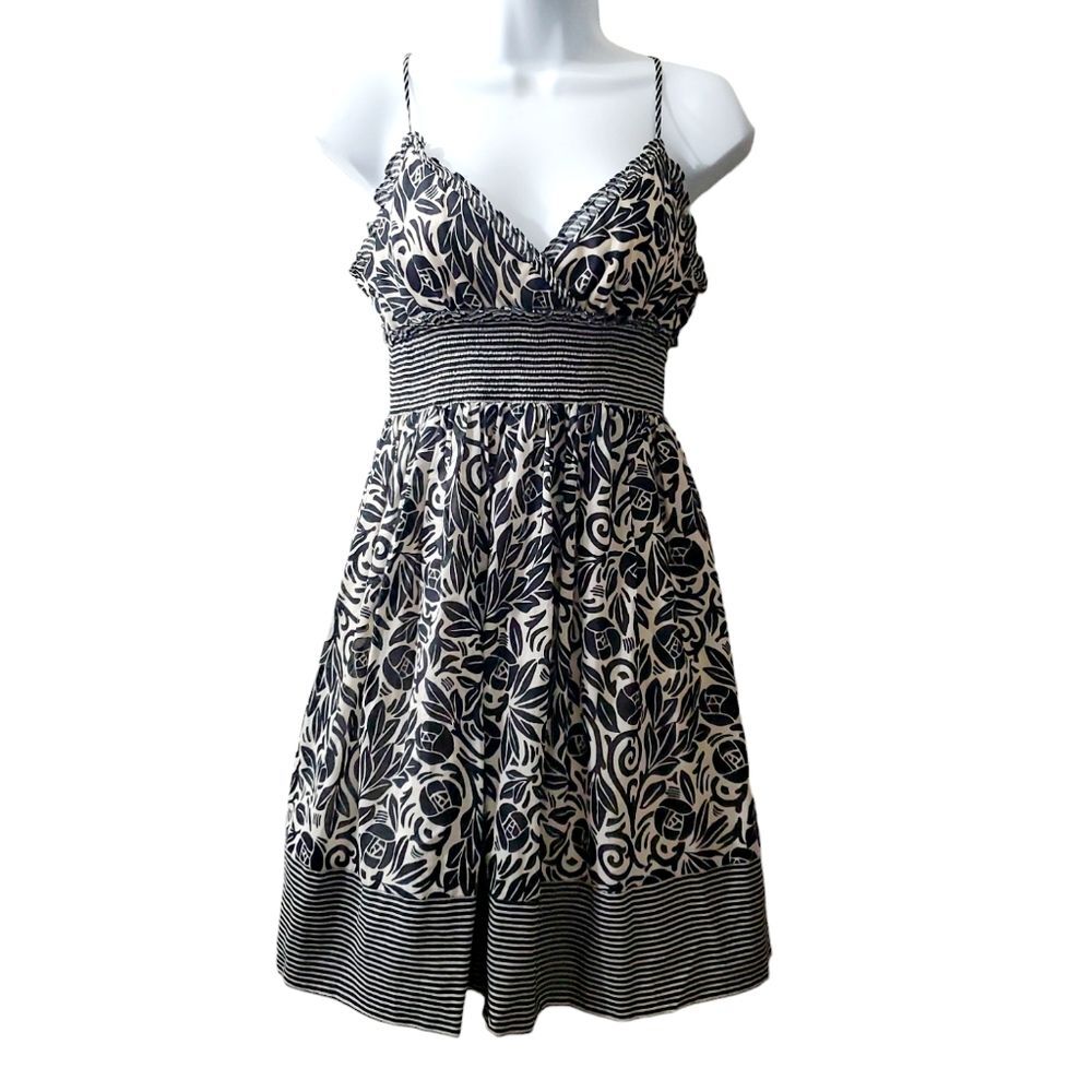 BCBG Maxazria Womens Black Cream Floral Sleeveless Fit and Flared Dress